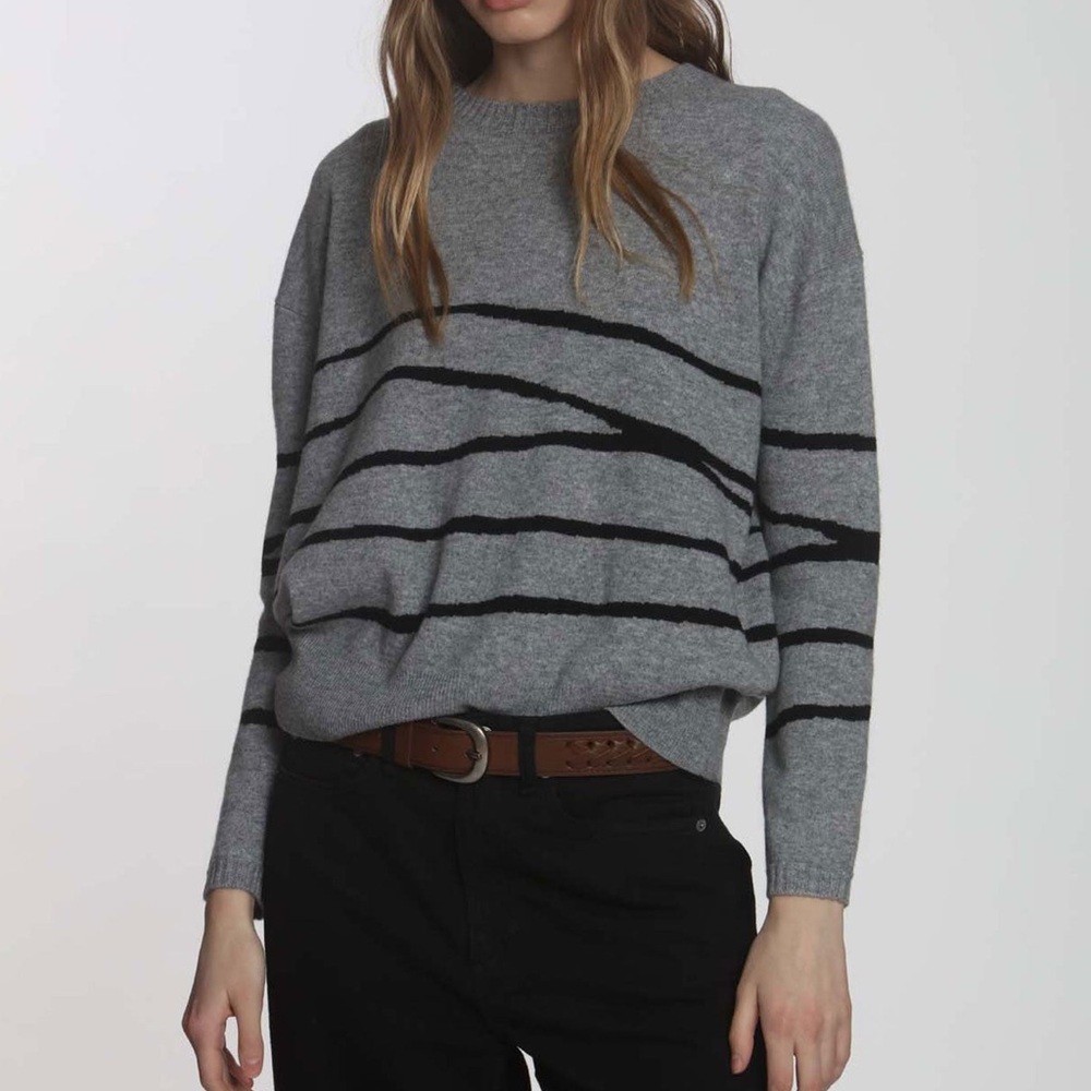 New Label + Thread Big Sky Stripe Oversized Wool Cashmere Sweater Gray Black M